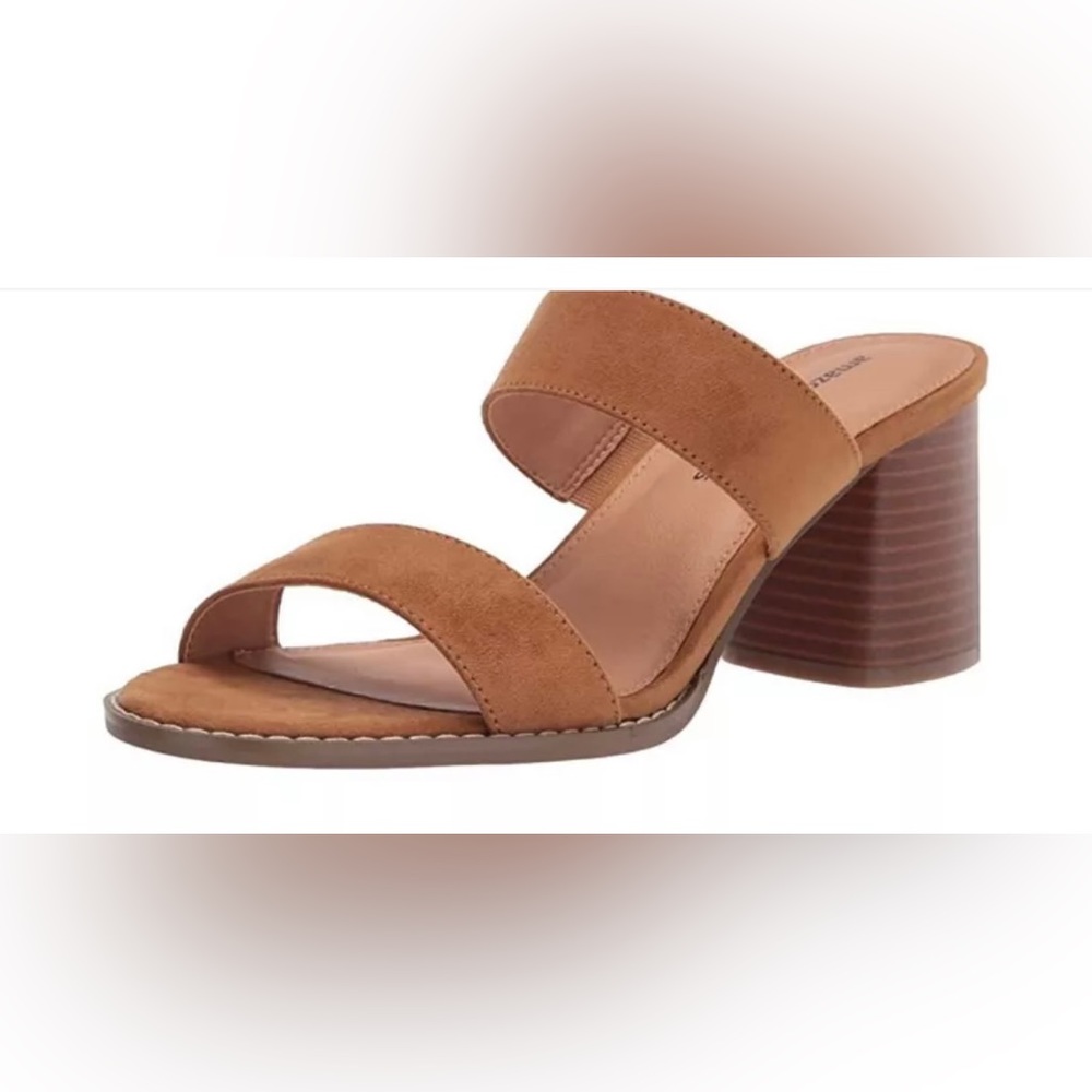 Amazon Essentials Women's Blandi Two Strap Heeled Slip On Slide Tan Suede Sandal